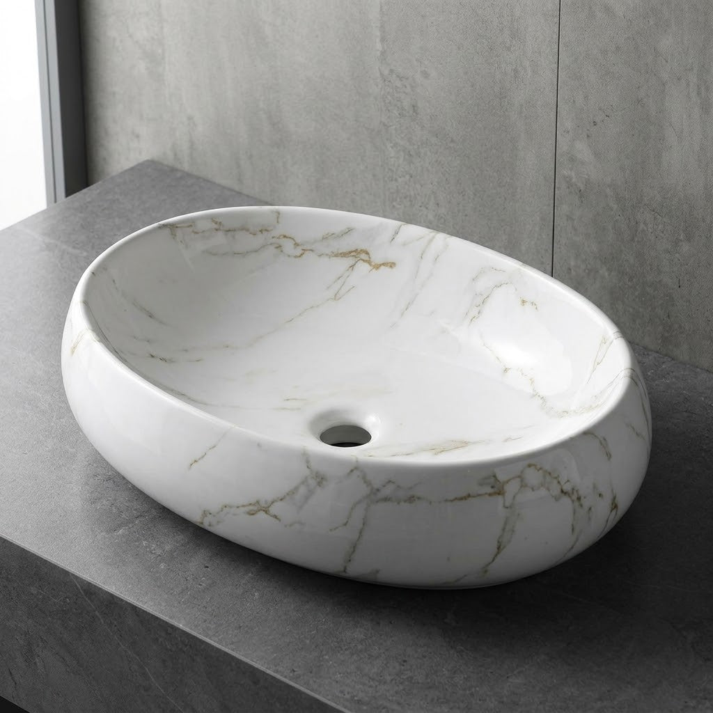 Vena, vasque en céramique effet marbre, motif marbre blanc veiné or