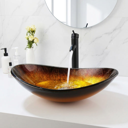Braise, vasque ovale en verre trempé ambre, avec son robinet noir, vue de face