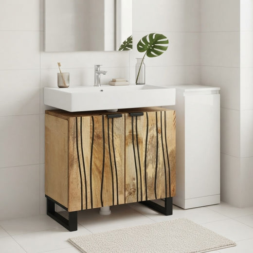 Crique, meuble en bois à lignes noires et pieds noirs sous une vasque blanche, salle de bains claire