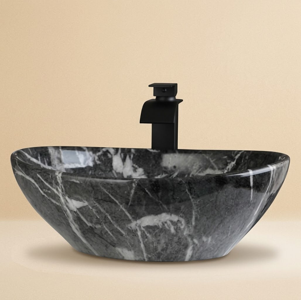 Cala Marbre Anthracite, vasque ovale en céramique effet marbre
