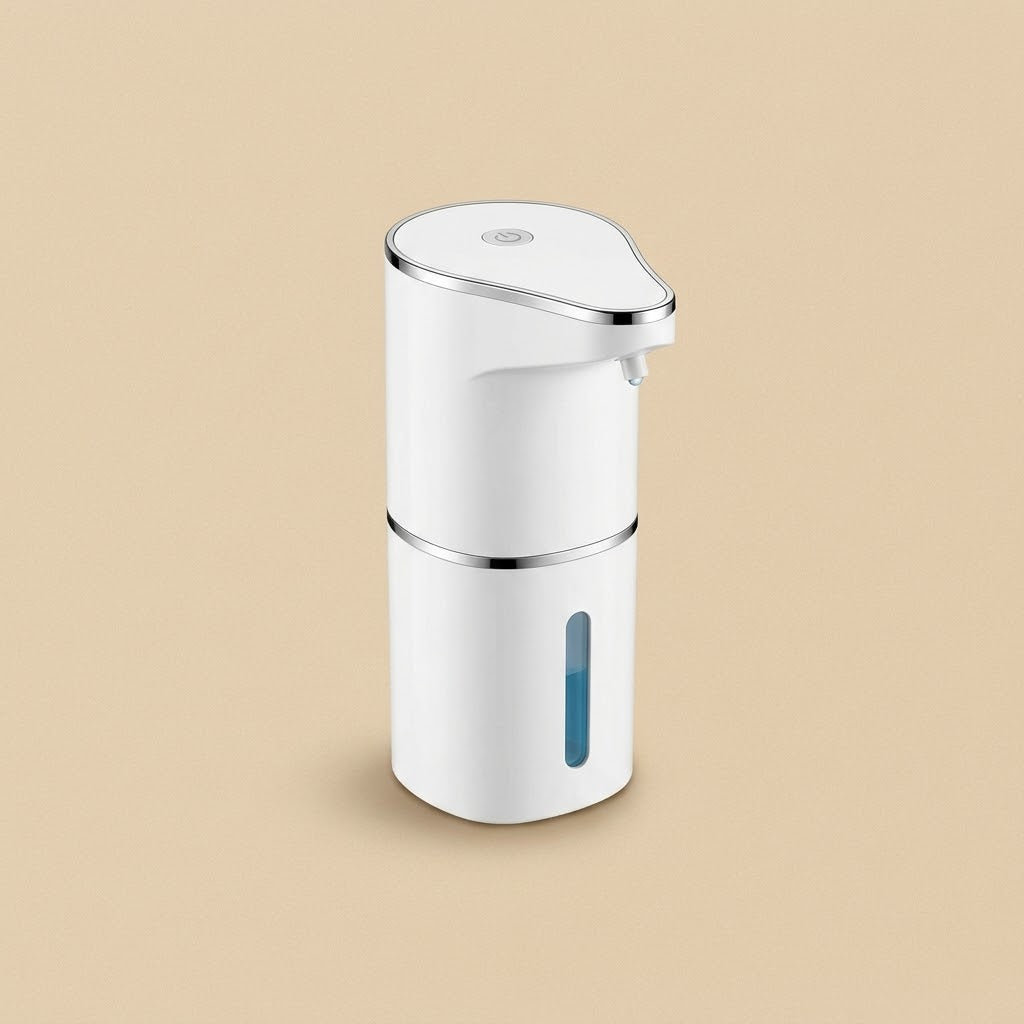 Distributeur de savon mousse sans contact, blanc et argent, vue 1