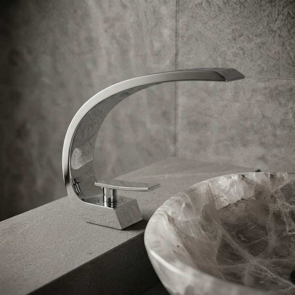 Arche, robinet cascade à arche asymétrique, finition chromé
