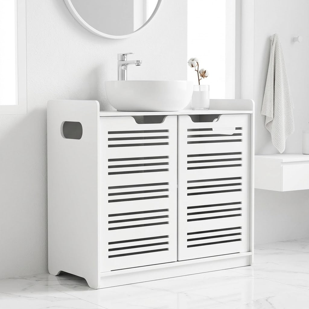 Récif, meuble sous-vasque blanc sous une vasque ronde