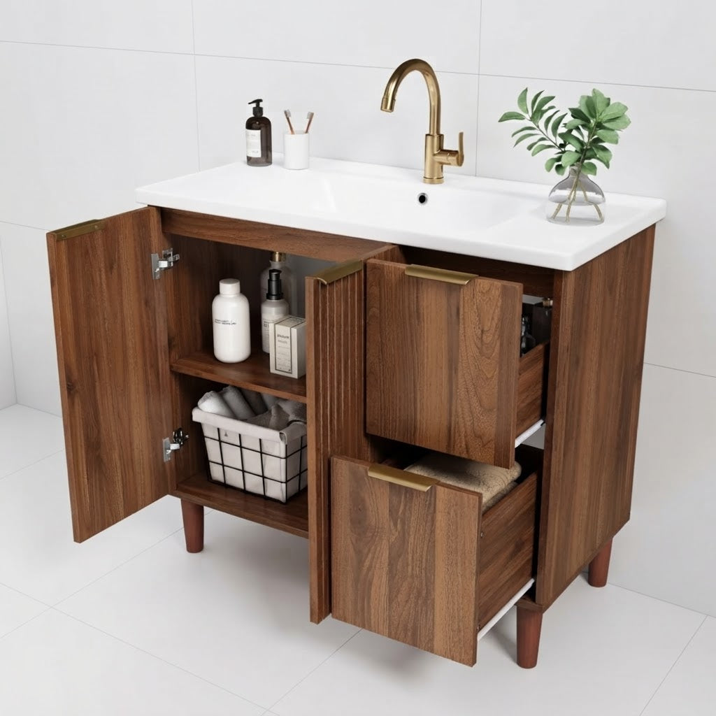 Houle, meuble vasque en noyer, vasque blanche et robinet doré