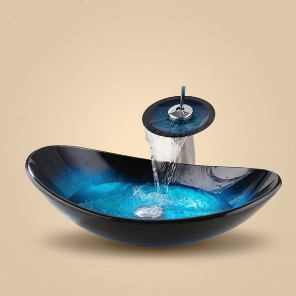 Lago, vasque ovale en verre trempé bleu