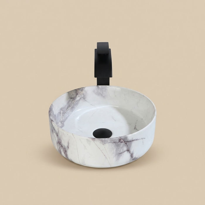 Brume, vasque ronde en céramique effet marbre blanc veiné gris avec robinet et bonde