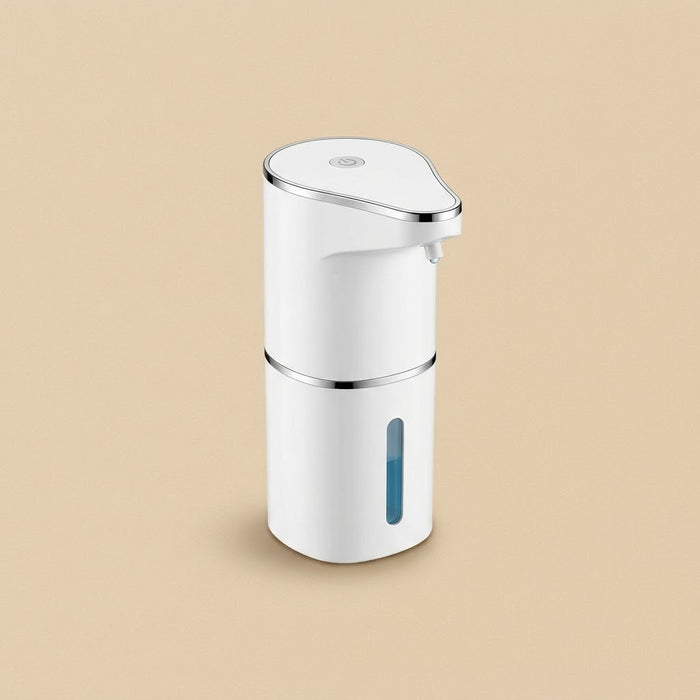 Distributeur de savon mousse sans contact, blanc et argent, vue 1
