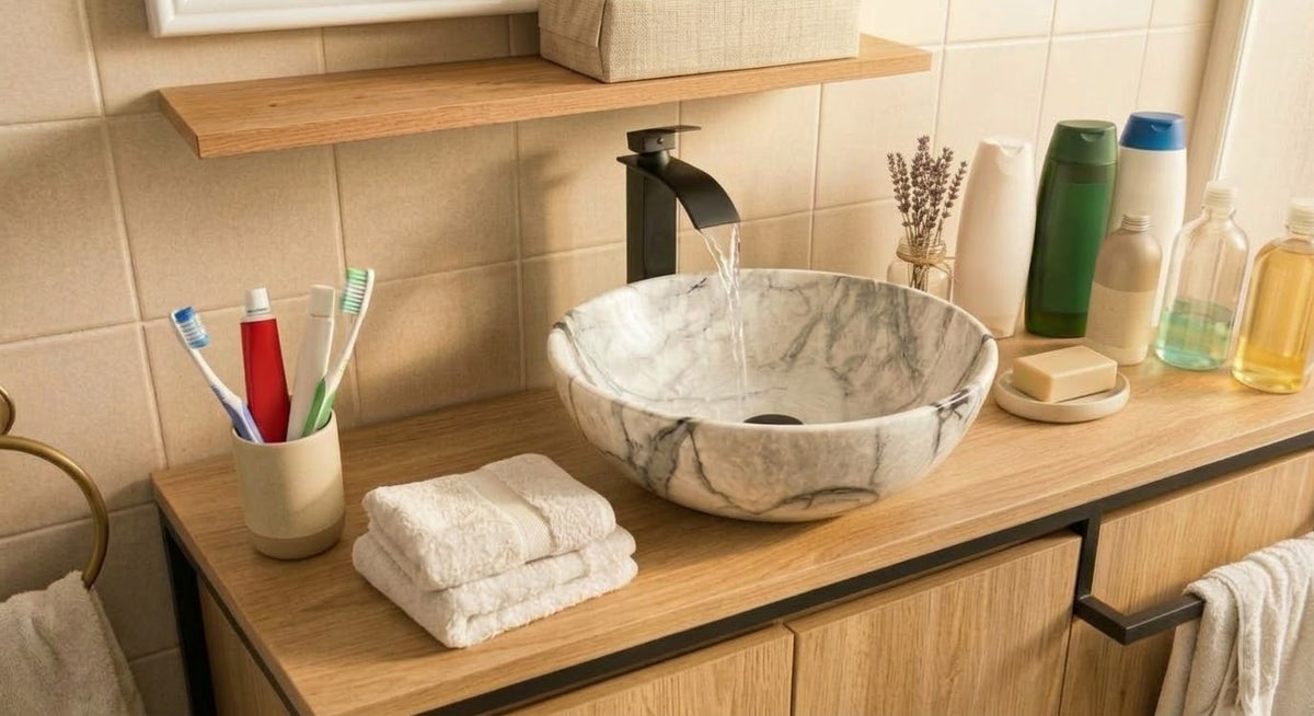 La même salle de bains après : vasque ronde effet marbre et robinet cascade noir.