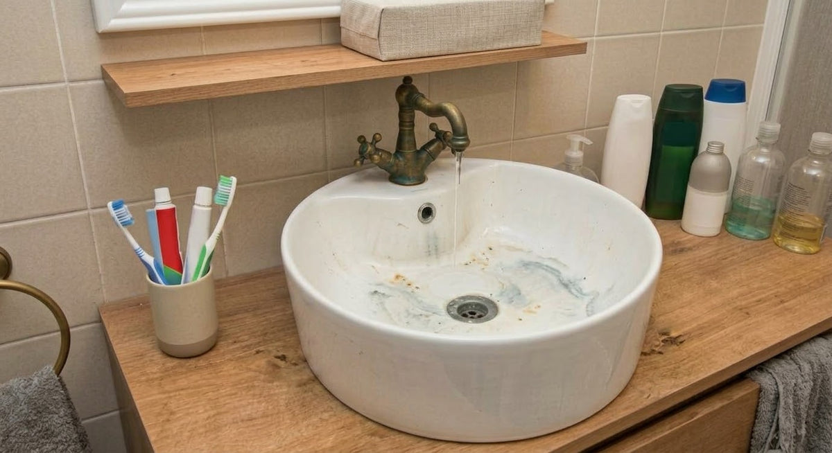 La salle de bains avant : vasque ronde tachée et robinet ancien en laiton vieilli.